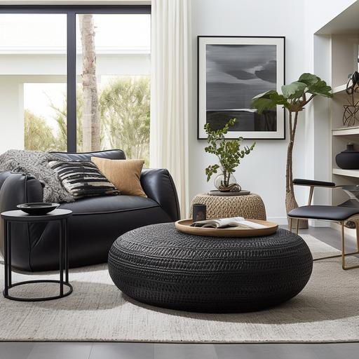 black pebbled leather oval ottoman in a living room setting