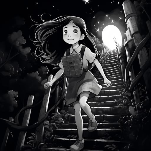 an 8 year girl with dark medium-length dark wavy hair and a black dress with buttons and lapels, sneaking out of her house but looking happy at midnight carrying a small ladder, some brushes, and a torch. Drawing should be black and white and in the style of a children's book combined with Hayao Miyazaki.