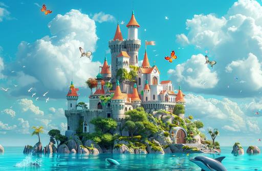 3D cartoon style of fairytale castle on an island in the middle of the sea, Dolphins , cute animals, butterflies, flowers in the style of 3D Pixar. Cartoon, fantasy, colorful, dreamy, high detail, high resolution, cinematic, masterpiece, concept art. --ar 32:21