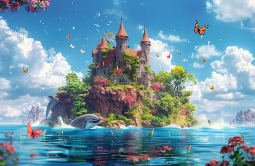 3D cartoon style of fairytale castle on an island in the middle of the sea, Dolphins , cute animals, butterflies, flowers in the style of 3D Pixar. Cartoon, fantasy, colorful, dreamy, high detail, high resolution, cinematic, masterpiece, concept art. --ar 32:21