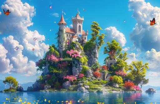 A fairytale castle on an island in the middle of the sea, Fishes, cute animals, butterflies, flowers in the style of 3D Pixar. Cartoon, fantasy, colorful, dreamy, high detail, high resolution, cinematic, masterpiece, concept art. --ar 32:21