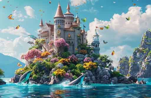 A fairytale castle on an island in the middle of the sea, Dolphins , cute animals, butterflies, flowers in the style of 3D Pixar. Cartoon, fantasy, colorful, dreamy, high detail, high resolution, cinematic, masterpiece, concept art. --ar 32:21