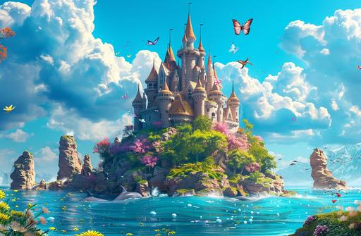 A fairytale castle on an island in the middle of the sea, Dolphins , cute animals, butterflies, flowers in the style of 3D Pixar. Cartoon, fantasy, colorful, dreamy, high detail, high resolution, cinematic, masterpiece, concept art. --ar 32:21