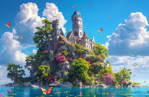 A fairytale castle on an island in the middle of the sea, Fishes, cute animals, butterflies, flowers in the style of 3D Pixar. Cartoon, fantasy, colorful, dreamy, high detail, high resolution, cinematic, masterpiece, concept art. --ar 32:21