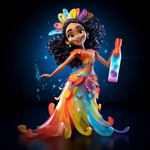 Envision a vibrant and lively scene, inspired by Brazilian Carnival, reimagined through the warm and engaging Pixar style. An animated character, dressed in a colorful and shiny Carnival costume, dances with contagious energy and a radiant smile. In one hand, she holds a plastic water bottle filled with a colorless liquid (this item is mandatory in the image and must be prominently featured), highlighting the importance of hydration with a touch of smart humor. The surrounding environment is a spectacle of vivid colors, with confetti and streamers that seem to dance in the air, creating a festive and joyful backdrop. The lighting is soft, yet bright, enhancing the textures and vibrant details of the scene, capturing the essence of Carnival joy and movement, yet with the distinct charm and emotional quality of Pixar. The character's expression, along with the visual elements, should convey joy, health, and the positive message of personal care in a welcoming and non-judgmental manner. Pixar style, rich details, soft textures, saturated colors, and optimistic lighting.