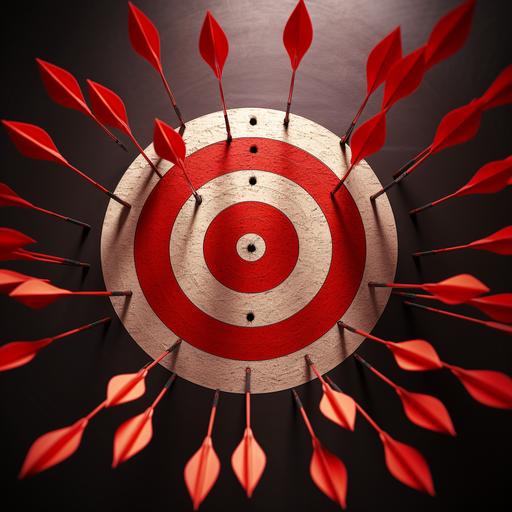 photorealistic image of a target with 10 arrows distributed all over the target, not hitting the bullseye