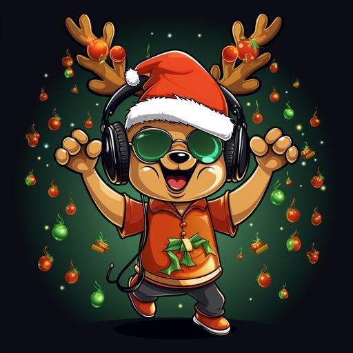 a cute reindeer, dancing and singing, wearing christmas hat and headphones, a christmas tree, musical notes, christmas decorations, golden background, red, green, gold and white colors, t-shirt design 2d,vector, funky style