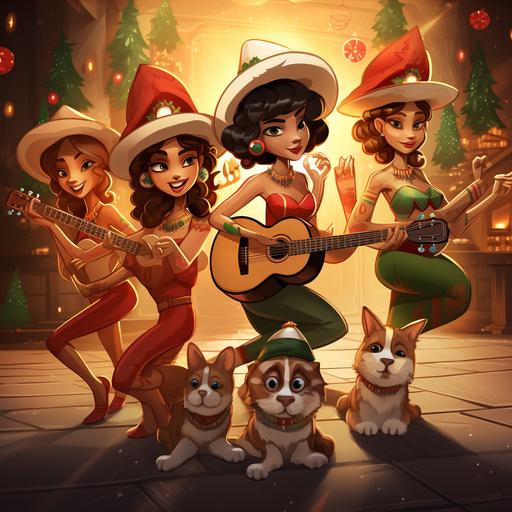 a group of beatiful female mariachi, standing up, dancing, playing guitar, wearing santa hat, a dog, a cat, an elf, a christmas tree in the background, christmas gifts, musical notes, golden background, red, green, white colors, t-shirt design, 2d, vector, oil paint style
