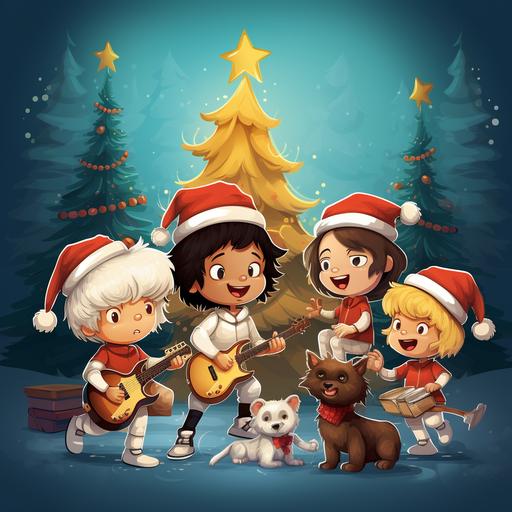 a group of cute children playing musical instruments standing up, dancing, playing guitar, wearing santa hat, a dog, a cat, an elf, a christmas tree in the background, christmas gifts, musical notes, golden background, red, green, white colors, t-shirt design, 2d, vector, oil paint style