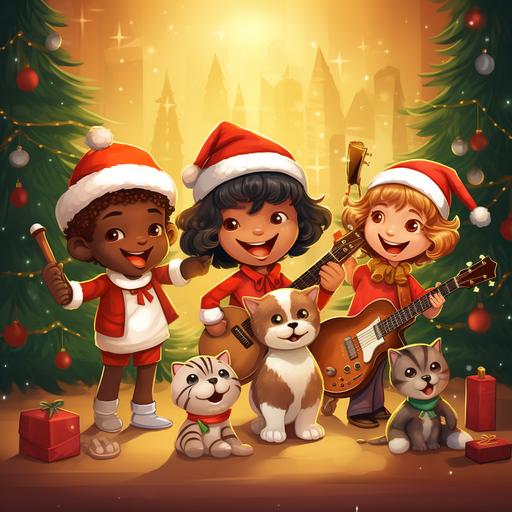 a group of cute children playing musical instruments standing up, dancing, playing guitar, wearing santa hat, a dog, a cat, an elf, a christmas tree in the background, christmas gifts, musical notes, golden background, red, green, white colors, t-shirt design, 2d, vector, oil paint style