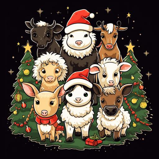 a group of cute farm animals, a black and white cow, a cute sheep, a cute donkey wearing christmas hats, a christmas tree, musical notes, christmas decorations, golden background, red, green, gold and white colors, t-shirt design 2d,vector, funky style