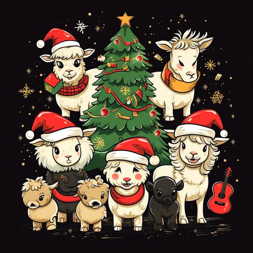a group of cute farm animals, a black and white cow, a cute sheep, a cute donkey wearing christmas hats, a christmas tree, musical notes, christmas decorations, golden background, red, green, gold and white colors, t-shirt design 2d,vector, funky style