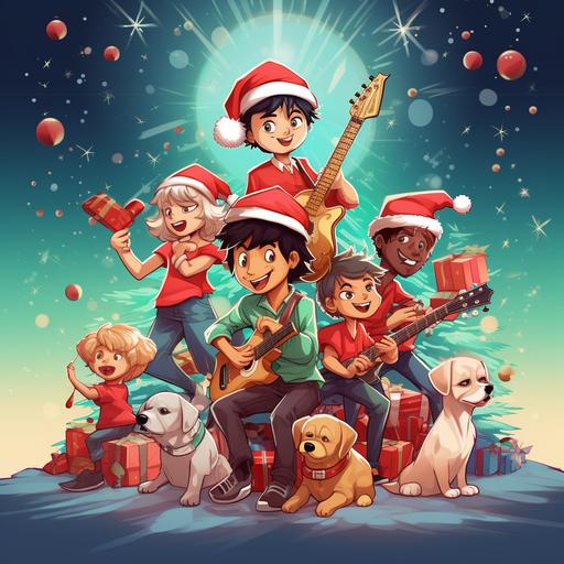 a group of handsome boys, playing musical instruments standing up, dancing, playing guitar, wearing santa hat, a dog, a cat, an elf, a christmas tree in the background, christmas gifts, musical notes, golden background, red, green, white colors, t-shirt design, 2d, vector, oil paint style