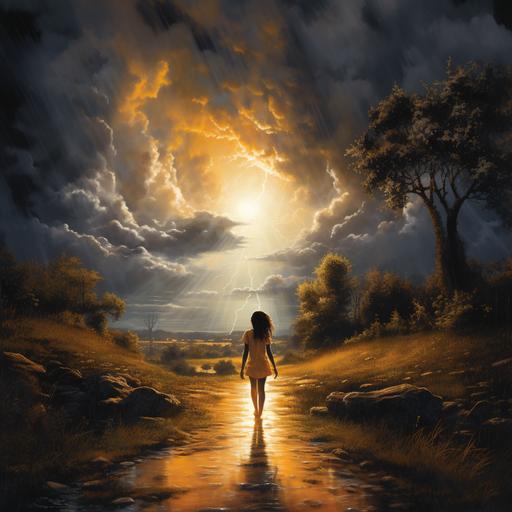 an african american woman walking down a path in the storm towards the brilliantly lit clearing ahead