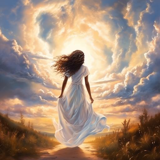 an african american woman with long black hair in a white dress walking down a path away from the storm into the brilliant sun beams and blue sky ahead - ar 14:7