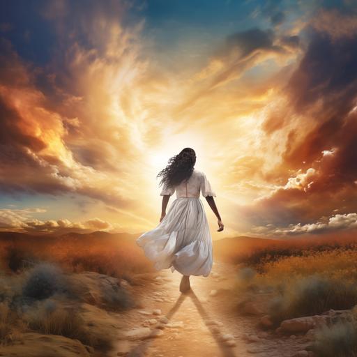 an african american woman with long black hair in a white dress walking down a path away from the storm into the brilliant sun beams and blue sky ahead - ar 14:7
