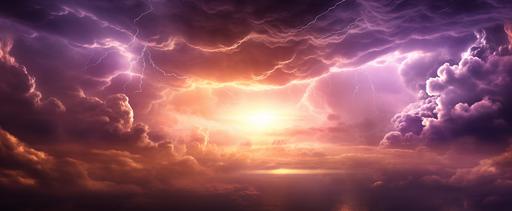 photo realistic image of a brilliant gold and light purple sky with storm clouds with lightening and some sun rays in the sky --ar 17:7