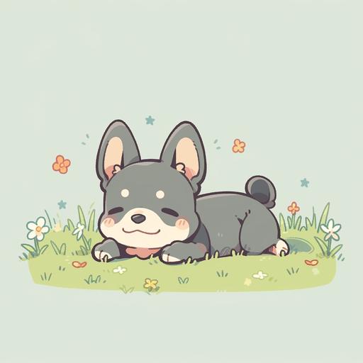 [54323232b] Cute black French bulldog on green grass, simple graphic features, stout cute limbs, high saturation color, Korean illustrations, bold line style, mixed pattern --niji 5 --ar 1:1 --c 0 --s 750