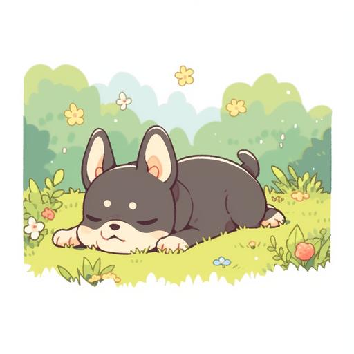 [54323232b] Cute black French bulldog on green grass, simple graphic features, stout cute limbs, high saturation color, Korean illustrations, bold line style, mixed pattern --niji 5 --ar 1:1 --c 0 --s 750