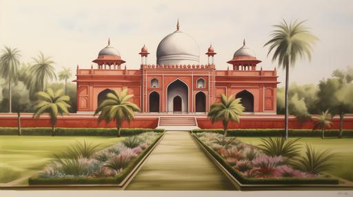 illustration in crayon, pencil, realistic of a small red fort with three green domes in Bangladesh. The fort has an arched doorway with a white border. There is a straight body of water in front of the door. The fort is surrounded by landscaped gardens in classic French Garden style. Many large exotic flowers in light colors in the foreground. Use soft montone cream and white colors --ar 16:9