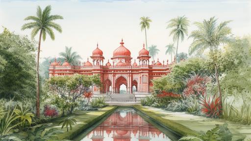 illustration in crayon, pencil, realistic of a small red fort with three green domes in Bangladesh. The fort has an arched doorway with a white border. There is a straight body of water in front of the fort. The fort is surrounded by landscaped gardens in classic French Garden style. Many large exotic flowers in light colors in the foreground. Use soft montone cream and white colors --ar 16:9