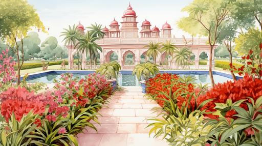 illustration in crayon, pencil, realistic of a simple red fort in Bangladesh. The fort has an arched doorway with a white border. There is a straight body of water in front of the door. The fort is surrounded by landscaped gardens in classic French Garden style. Many large exotic flowers in light colors in the foreground. Use soft montone cream and white colors --ar 16:9