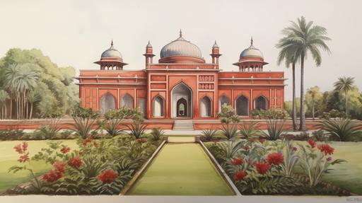 illustration in crayon, pencil, realistic of a small red fort with three green domes in Bangladesh. The fort has an arched doorway with a white border. There is a straight body of water in front of the door. The fort is surrounded by landscaped gardens in classic French Garden style. Many large exotic flowers in light colors in the foreground. Use soft montone cream and white colors --ar 16:9