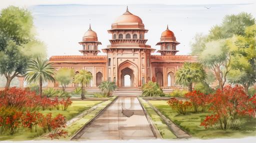 illustration in crayon, pencil, realistic of a simple red fort in Bangladesh. The fort has an arched doorway with a white border. There is a straight body of water in front of the door. The fort is surrounded by landscaped gardens in classic French Garden style. Many large exotic flowers in light colors in the foreground. Use soft montone cream and white colors --ar 16:9