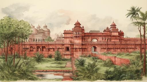 illustration of a red fort in mughal style in crayon, pencil, realistic. The fort has beautiful French style lanscaped gardens all around. There are tigers in front --ar 16:9