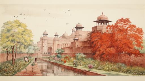illustration of a red fort in mughal style in crayon, pencil, realistic. The fort has beautiful French style lanscaped gardens all around. There is a finely dressed mughal couple in front --ar 16:9