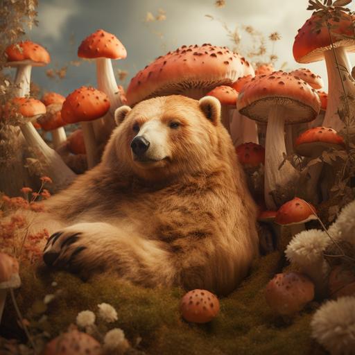 bear laying on back, relaxing in a field of mushrooms