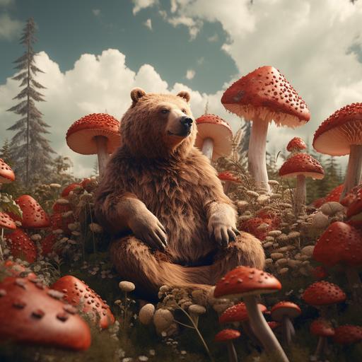 bear laying on back, relaxing in a field of mushrooms