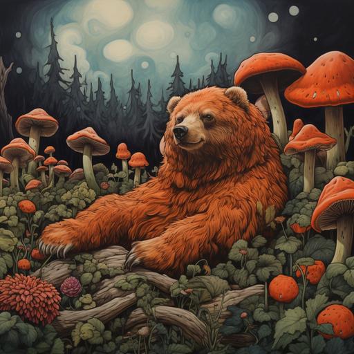colored drawing of a bear laying on back, in a field of mushrooms