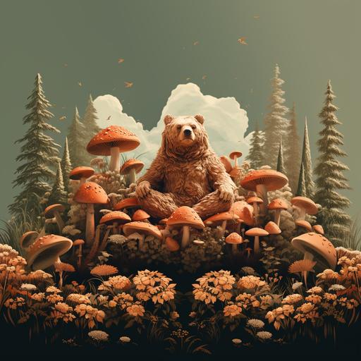 vector line drawing of bear laying on back, relaxing in a field of mushrooms