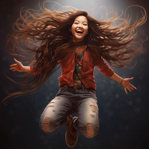 hyper realistic, smiling girl in a jump spreads her arms and legs with long beautiful hair, Asian, full figure