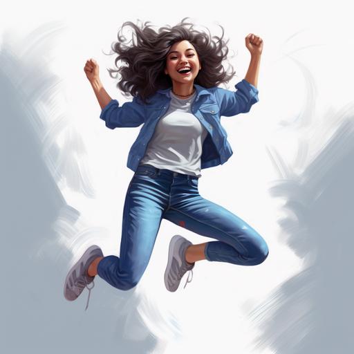 smiling girl jumping, with fluffy hair, in jeans, Asian, full length