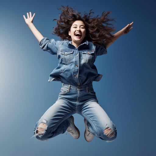smiling girl jumping, with fluffy hair, in jeans, Asian, full length