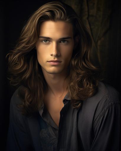 5463_Handsome young guy, slim, athletic, long hair, brunette, blue eyes, oval face, aristocrat, high quality, realistic. Photo taken with a professional camera --ar 4:5