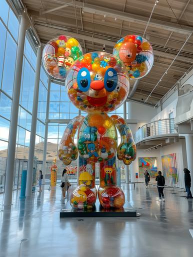 bubbly characters like inflated balloons, 20 feet tall, on display. recognizable characters: betty boop, popeye, mighty mouse. wide shot, in a large bright museum, figures on a pedestal. characters adorned with colorful objects. a few museum visitors enjoying themselves engaging with the installation. 14mm lens, fujifilm XT4, F 1.2 aperture setting to blur the background and isolate the subject --ar 3:4 --v 6.0 --s 750