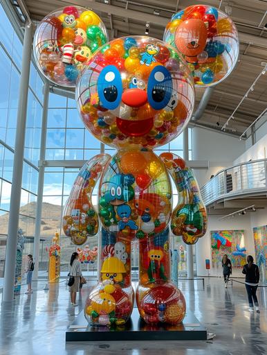 bubbly characters like inflated balloons, 20 feet tall, on display. recognizable characters: betty boop, popeye, mighty mouse. wide shot, in a large bright museum, figures on a pedestal. characters adorned with colorful objects. a few museum visitors enjoying themselves engaging with the installation. 14mm lens, fujifilm XT4, F 1.2 aperture setting to blur the background and isolate the subject --ar 3:4 --v 6.0 --s 750