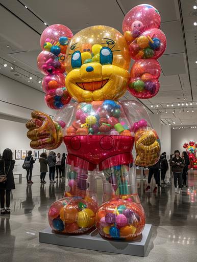 bubbly characters like inflated mattresses, 30 feet tall, on display. recognizable characters: betty boop, popeye. wide shot, in a large bright museum, figures on a large pedestal. characters adorned with colorful crayons. a few museum visitors enjoying themselves engaging with the installation. very detailed, everything in sharp focus. 14mm lens, fujifilm XT4, F 1.2 aperture setting to blur the background and isolate the subject --ar 3:4 --v 6.0 --s 750