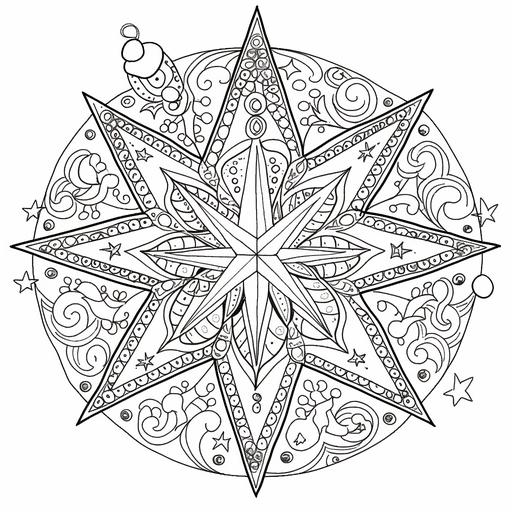 Create a holiday lights and stars mandala in black and white, with crisp outlines and plenty of space for adult coloring --niji 5
