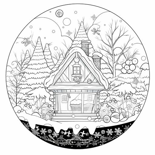 Create a snow globe mandala in black and white with festive winter flora, ensuring clear lines and a spacious layout for coloring --niji 5