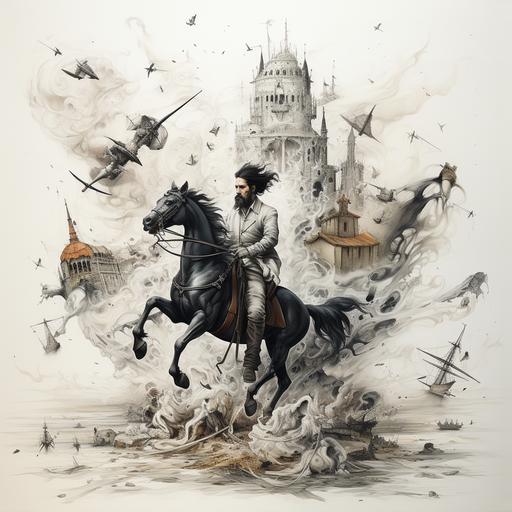 Mixture of Don Quixote and Napoleon, line-drawing, black and white, riding horse, chasing dream and chaos --s 250