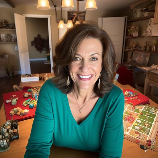55 year old lady with brown hair, green eyes and a catholic cross necklace, seated at a desk, looking at the camera, 8k, friendly, the board game chutes and ladders is on the desk