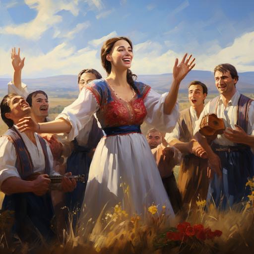 imagine a realistic depiction of the friendship between the Ukrainian and Georgian people, set against a backdrop of the Ukrainian countryside. In the foreground, a group of Ukrainian and Georgian people are standing together, hand in hand, and singing songs. The people are smiling and laughing, and there is a sense of joy and camaraderie in the air. The image is symbolic of the strong bond between the two peoples, and their shared commitment to freedom and democracy.