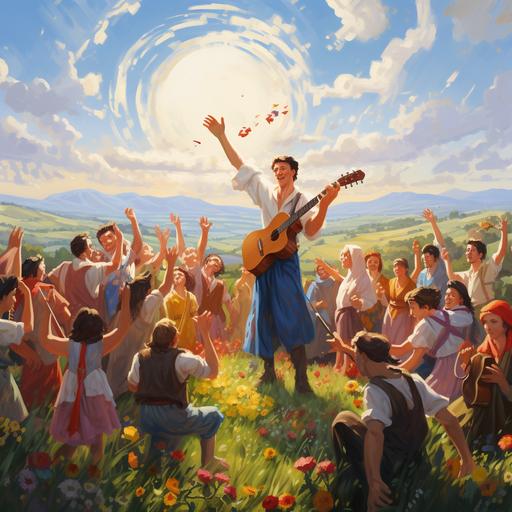 imagine a realistic depiction of the friendship between the Ukrainian and Georgian people, set against a backdrop of the Ukrainian countryside. In the foreground, a group of Ukrainian and Georgian people are standing together, hand in hand, and singing songs. The people are smiling and laughing, and there is a sense of joy and camaraderie in the air. The image is symbolic of the strong bond between the two peoples, and their shared commitment to freedom and democracy.