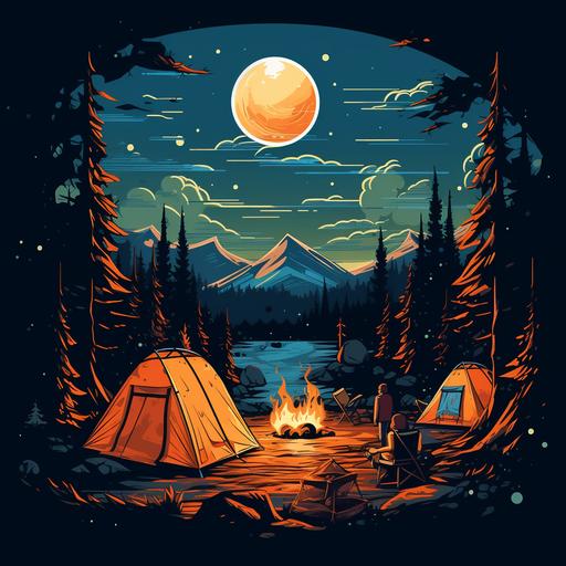 people camping with a tent, campfire, cartoon style.