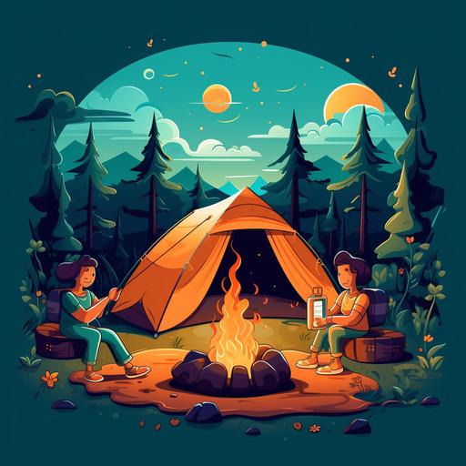 people camping with a tent, campfire, cartoon style.