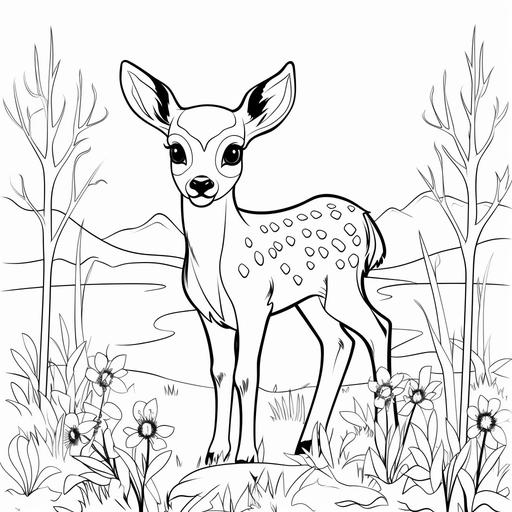 coloring book page for kids, cartoon style, cute baby dear, simple black and white line art, black and white, thinner lines, line art, simple, simplistic, minimalist, plain, more details, white fill --no grey, shadow, shading, color